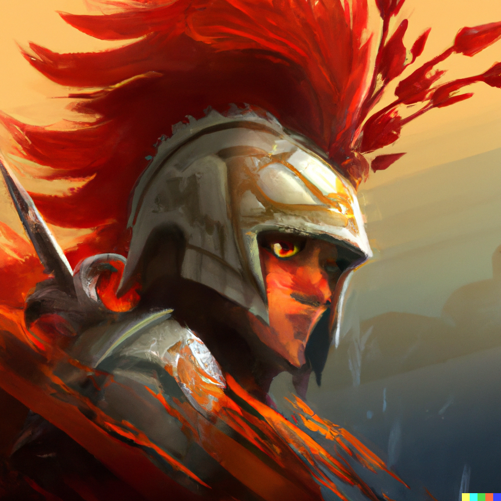 DALL·E 2023-02-19 13.04.39 - digital art, Fighter wearing armor helmet with red feathers.png